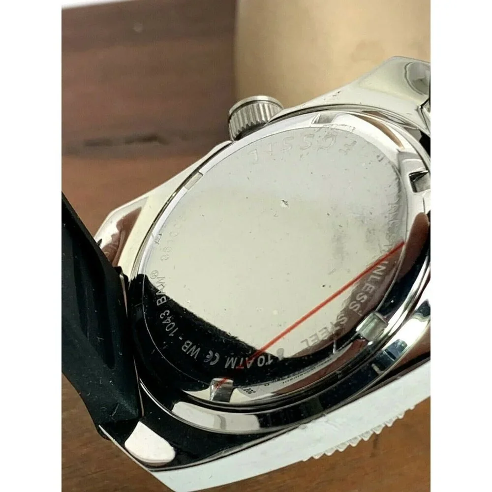 Fossil Men's Watch WB1043 Quartz Green Dial Silver Case 38mm Black Rubber Band